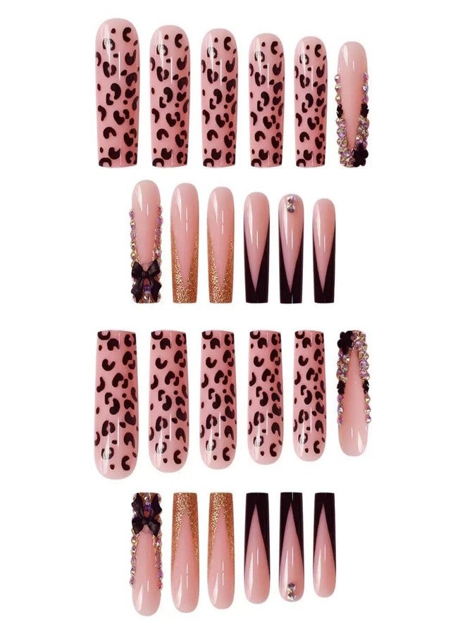 CTTHNBD Long Press on Nails Square French Tip Fake Nails with Black 3D Bow Rhinestone Design Glue on Nails Leopard Print False Nails Glossy Acrylic Full Cover Stick on Nails Artificial Nails for Women 24 Pcs - Image 2